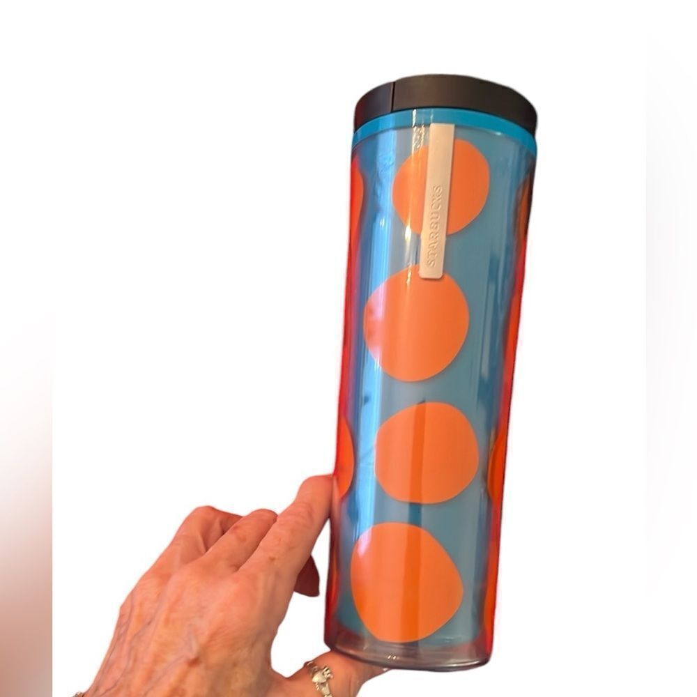 NWT Starbucks 2013 16oz turquoise w/orange pumpkins travel mug w/black slide top